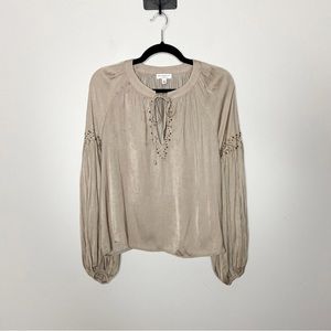 Anthropologie Beige Tie-Neck Long Sleeve Blouse